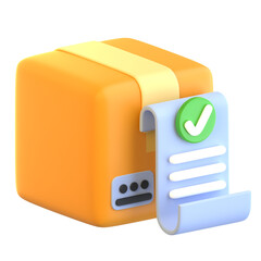 Orange Parcel with Pastel Document and Checkmark Isolated on Transparent Background for Delivery Confirmation Concept