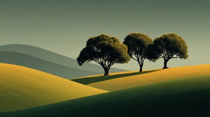 Tranquil Landscape with Trees and Rolling Hills at Dusk