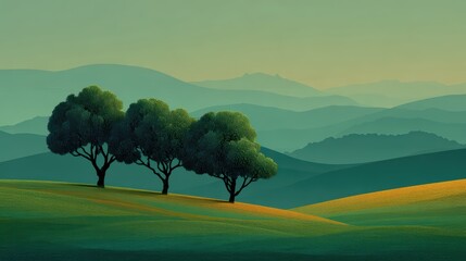 Tranquil Landscape with Three Trees on Rolling Green Hills
