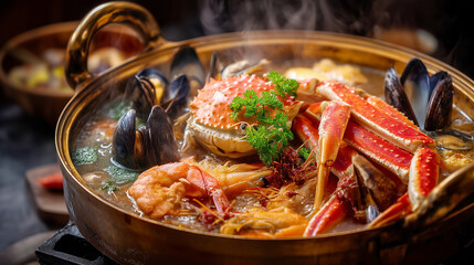 Steaming Seafood Hot Pot with Crab, Shrimp, Mussels, and Vegetables in Rich Broth Served in Copper Pot

