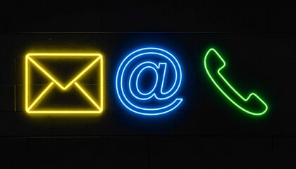 Neon-style icons of envelope, @ symbol, and phone handset on black—evoking connection, clarity, and the sleek choreography of digital contact, signal, and modern reach.