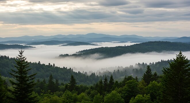 Scenic misty mountain landscape with layers of hills and evergreen forest