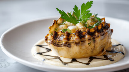 Roasted Garlic Bulb Served on Cream Sauce with Balsamic Glaze and Fresh Parsley Garnish in White Bowl
