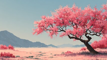 Serene Pink Blossom Tree in Vast Mountain Landscape at Sunrise