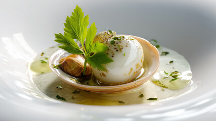 Gourmet Appetizer with Poached Egg, Clam Shell, Fresh Herb Garnish, and Delicate Sauce in White Bowl
