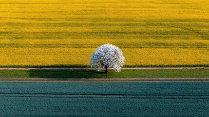 Isolated Blossom Tree Surrounded by Vibrant Yellow and Green Fields