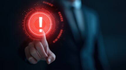Professional pointing at glowing holographic exclamation mark with red warning alerts, futuristic system error, cybersecurity risk