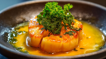 Seared Scallop in Rich Butter Sauce Topped with Crispy Kale and Fresh Herbs on Dark Ceramic Plate
