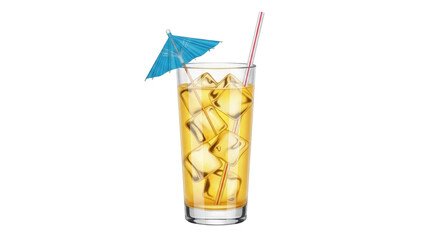 Isolated refreshing summer drink with ice cubes, straw, and decorative blue umbrella