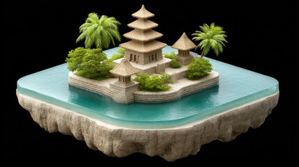 Serene 3D isometric view of tranquil island featuring traditional architecture surrounded by lush greenery and clear water