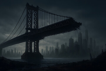 Fototapeta premium Destroyed suspension bridge stretching over a dark ruined city skyline, symbolizing collapse and desolate post-apocalyptic future..