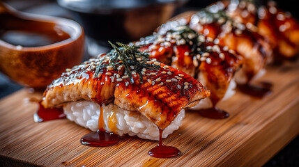 Glazed Grilled Eel Nigiri Sushi with Teriyaki Sauce, Sesame Seeds, and Seaweed on Wooden Board
