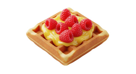 Isolated square waffle with sauce and raspberries, a tasty breakfast or dessert treat