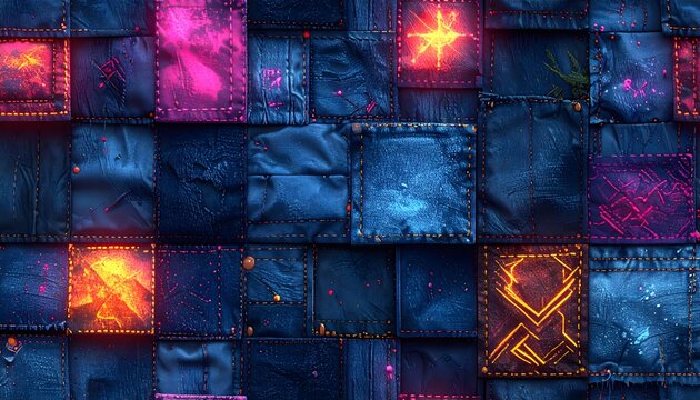 Denim Patchwork Background with Neon Pink and Blue Glow, Abstract Textile Texture