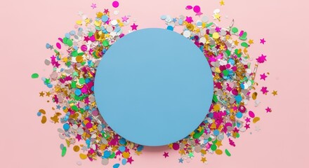 Vibrant, colorful image with a large blue circle surrounded by stars, confetti, and other festive elements on a pink background, creating a celebratory mood.