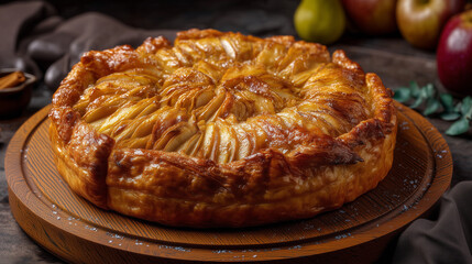 Whole Baked Apple Tart with Golden Puff Pastry Crust on Wooden Stand Surrounded by Fresh Apples and Pears
