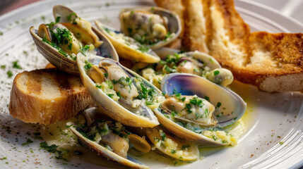 Creamy Garlic Butter Clams with Fresh Herbs and Toasted Bread on White Plate
