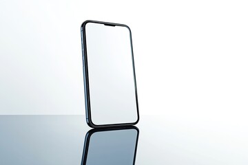 Modern smartphone, dark gray, blank screen,  reflecting on surface