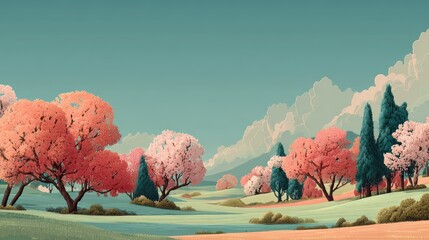 Serene Landscape Featuring Colorful Trees and Soft Mountain Background