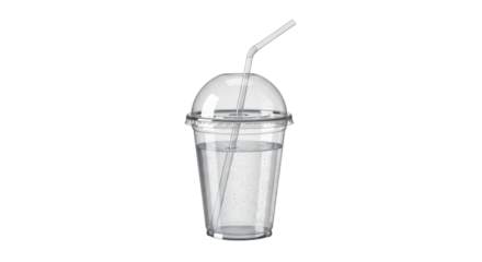 Isolated clear disposable cup with water and plastic straw for refreshing beverage drinking