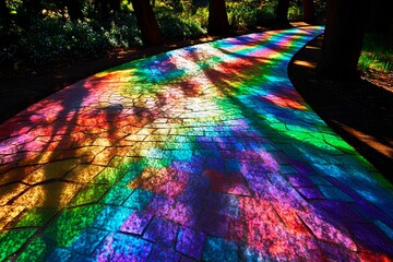 Exploring a vibrant dreamscape with rainbow mosaic ground and lush green trees