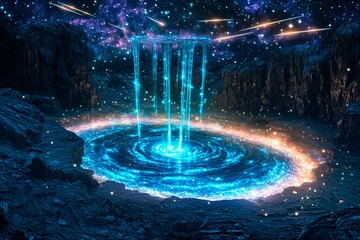 Cosmic landscape where shooting stars cascade into a vibrant galaxy under a starlit sky