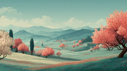 Serene Landscape with Blossom Trees and Rolling Hills in Spring Light