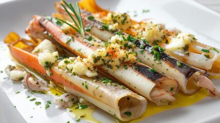 Grilled Razor Clams with Garlic Butter and Herbs on Wh

