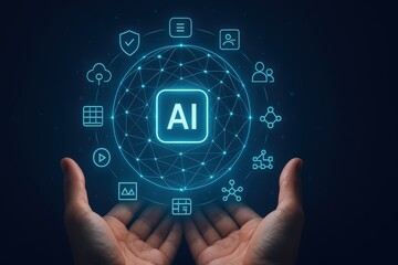 Human hands cradle a glowing AI graphic, depicted with network connections and informational icons, signifying artificial intelligence and technological advancement, floating against a dark blue...