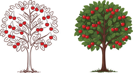 Obraz premium Cherry tree illustration, fruit tree drawing, garden plant art, red berries design, botanical foliage, orchard tree sketch, cad drawing flat vector illustration
