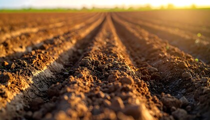Plowed field at sunset. Close up of furrows