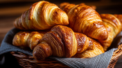 Freshly Baked Golden Croissants in a Wicker Basket with Napkin on Rustic Wooden Table
