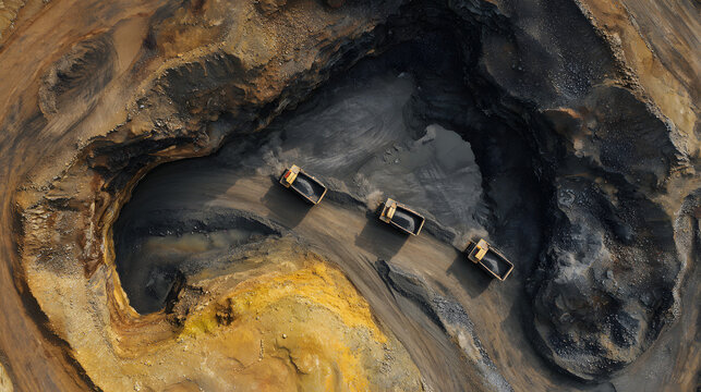Coal mining from above, open pit mine, extractive industry for coal, top view