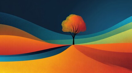 Vibrant Abstract Landscape with Solitary Tree in Autumn Colors