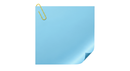 Isolated light blue memo with golden paperclip at top and folded corner at bottom right
