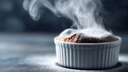Freshly Baked Chocolate Soufflé in White Ramekin with Powdered Sugar and Rising Steam on Dark Background
