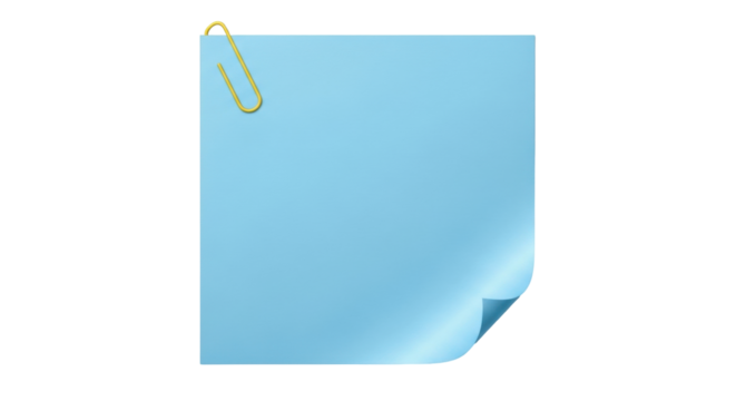 Isolated light blue memo with golden paperclip at top and folded corner at bottom right