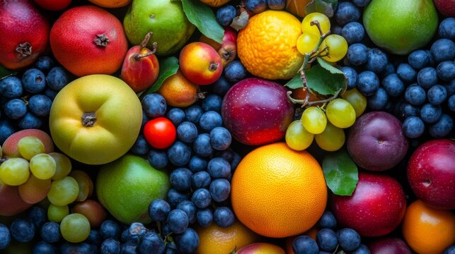 colorful fresh fruits, including grapes, apples, oranges, and various berries. - Powered by Adobe