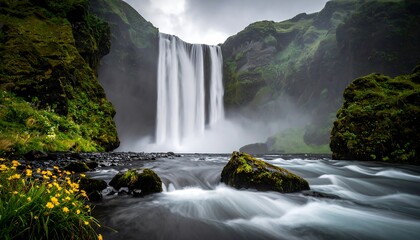 Majestic waterfall cascading down mossy cliffs