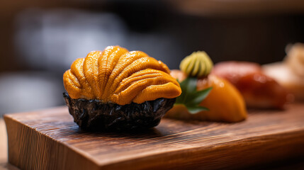 Elegant Uni Sushi (Sea Urchin) with Nori on Wooden Board – Gourmet Japanese Cuisine Served with Wasabi and Decorative Garnish
