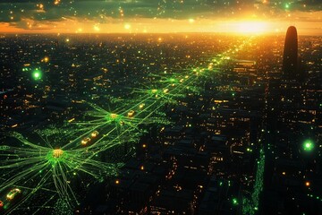 Cityscape showcasing illuminated transportation with vibrant lights and greenery at night