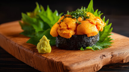 Fresh Uni Sushi (Sea Urchin) with Nori and Wasabi Served on Wooden Board with Shiso Leaf – Traditional Japanese Gourmet Cuisine
