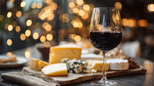 A glass of red wine and a cheese platter on a rustic wooden board.  Bokeh lights create a festive atmosphere