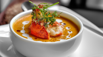 Elegant Lobster Bisque with Cream Swirl and Lobster Meat Garnish in White Bowl – Gourmet Seafood Soup Close-Up
