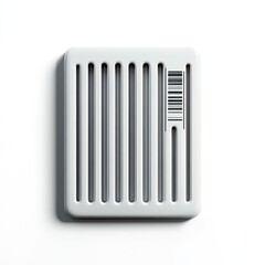 Square, light gray, 3D box with vertical slots, barcode visible