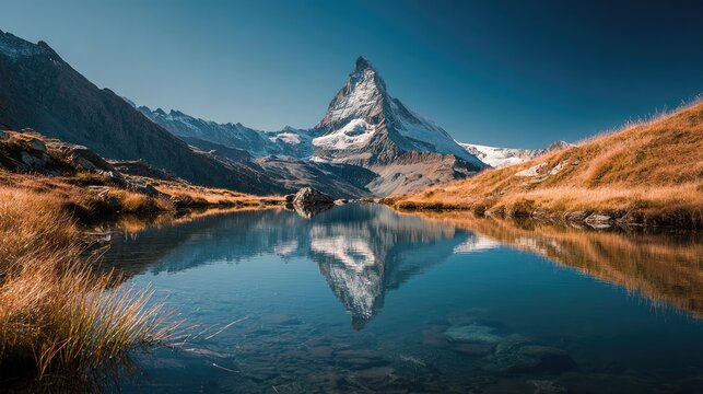 Majestic mountain peak reflected in a serene alpine lake