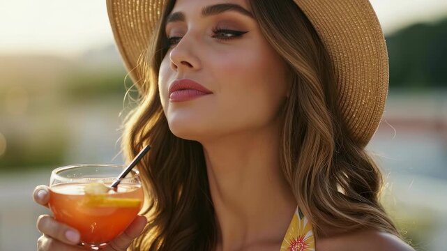 Woman enjoying refreshing cocktail with straw outdoors, a summer drink for vacation or relaxation footage.