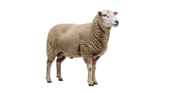 Isolated farm animal stands facing right in outdoor agricultural livestock portrait