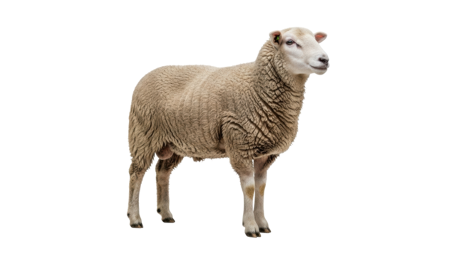 Isolated farm animal stands facing right in outdoor agricultural livestock portrait