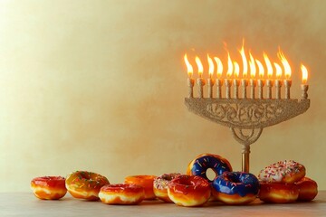 Beautifully arranged display of delicious donuts with a menorah during a festive celebration